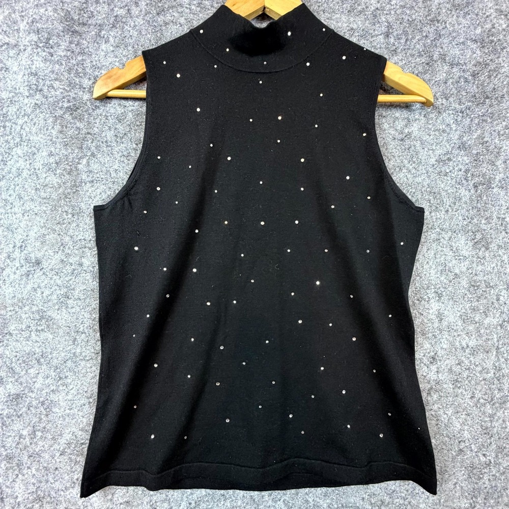 Josephine Chaus Top Womens Small Black Silk Rhinestone Sleeveless Turtleneck